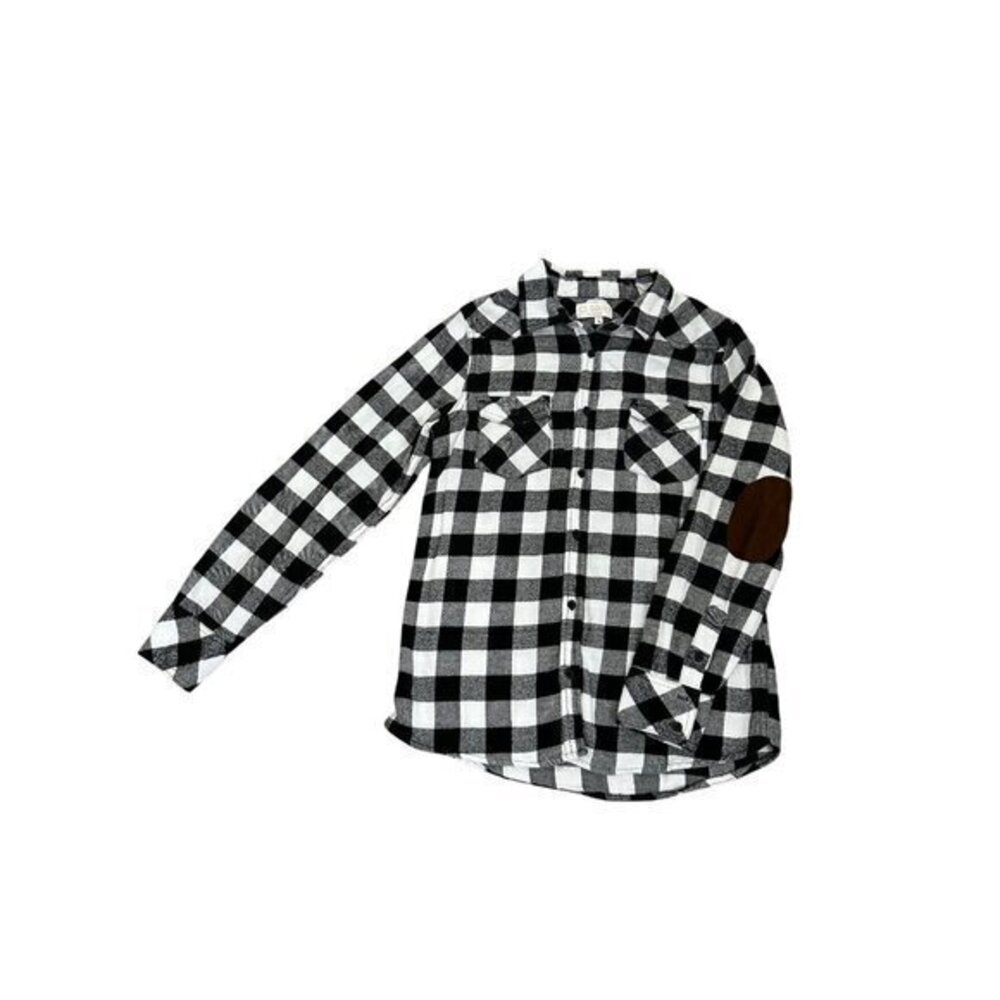 Ci Sono Womens Black & White Buffalo Plaid Button-Down Shirt With Brown Elbow Pa